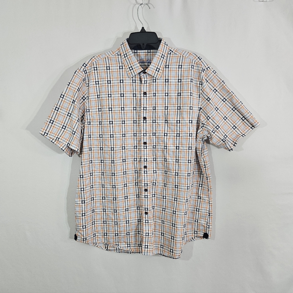 Tasso Elba orange and blue plaid button up short sleeve shirt men's size XL